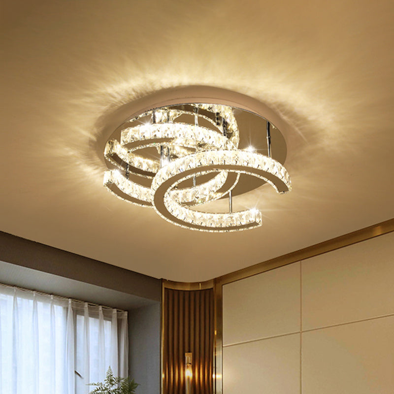 Led Chrome Ceiling Light With Double - C Shaped Beveled K9 Crystal And Flush Mount Design