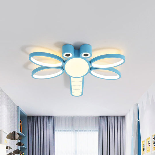 Iron Dragonfly Flush-Mount Cartoon Led Ceiling Light - Pink/Blue With Warm/White Lighting Blue /