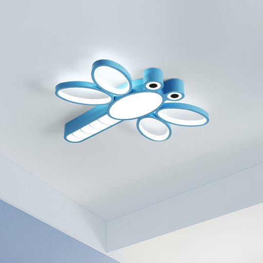 Iron Dragonfly Flush - Mount Cartoon Led Ceiling Light - Pink/Blue With Warm/White Lighting