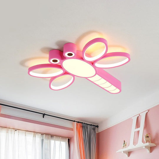 Iron Dragonfly Flush-Mount Cartoon Led Ceiling Light - Pink/Blue With Warm/White Lighting