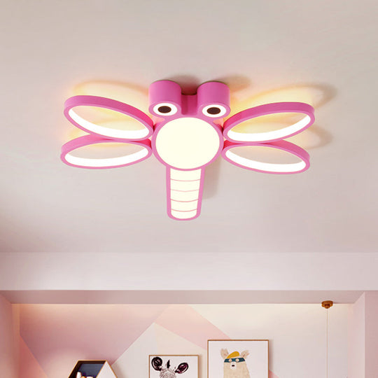Iron Dragonfly Flush-Mount Cartoon Led Ceiling Light - Pink/Blue With Warm/White Lighting
