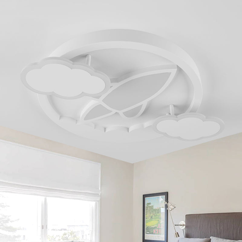 Kids Led Flush Mount Ceiling Light - Creative White Plane Behind Cloud Design With Acrylic Shade