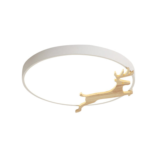 Nordic Style Round Flush Light With Running Deer Pattern - Acrylic Grey/White/Green & Wood Led