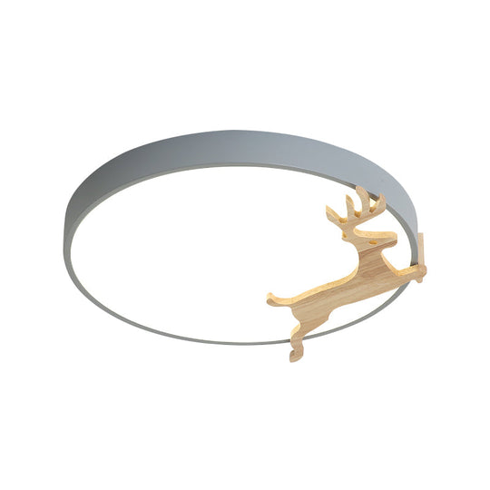 Nordic Style Round Flush Light With Running Deer Pattern - Acrylic Grey/White/Green & Wood Led