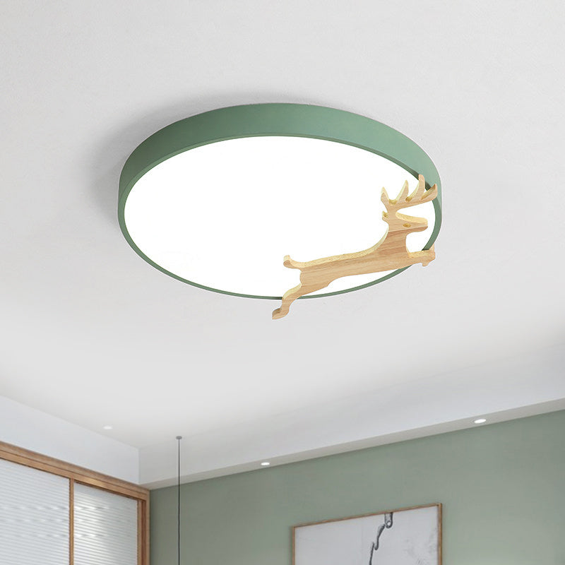 Nordic Style Round Flush Light With Running Deer Pattern - Acrylic Grey/White/Green & Wood Led
