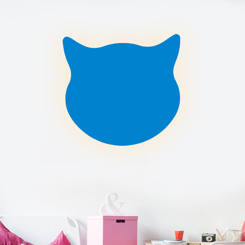 Wooden Cat Head Mini Wall Light: Cartoon Led Sconce In Pink/Blue/Yellow For Kinder Ready Room