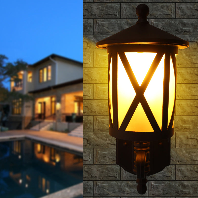 Country Style Black X-Cage Wall Light Fixture With Opal Glass - Yard Mounted Lighting 1 Head