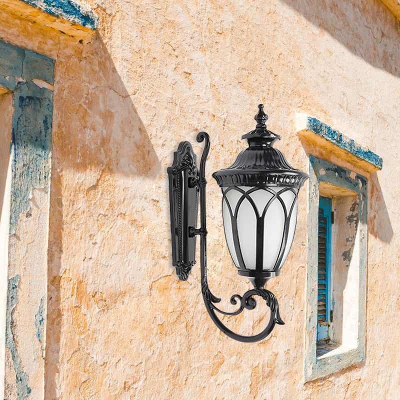 Black/Bronze Aluminum Wall Mount Lamp - Curved Arm Lodge Style Sconce With Frosted Glass Shade (1