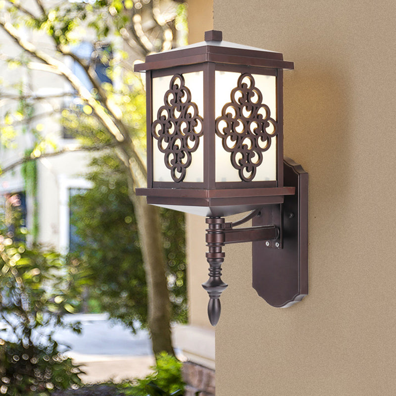 Coffee Cubic Cream Glass Wall Mount Light With Chinese Knot Pattern - 1 Patio Sconce For Cottage
