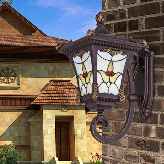 Scrolled Arm Bronze Rust Red Wall Mounted Sconce With Flower Pattern Country Metal Light For