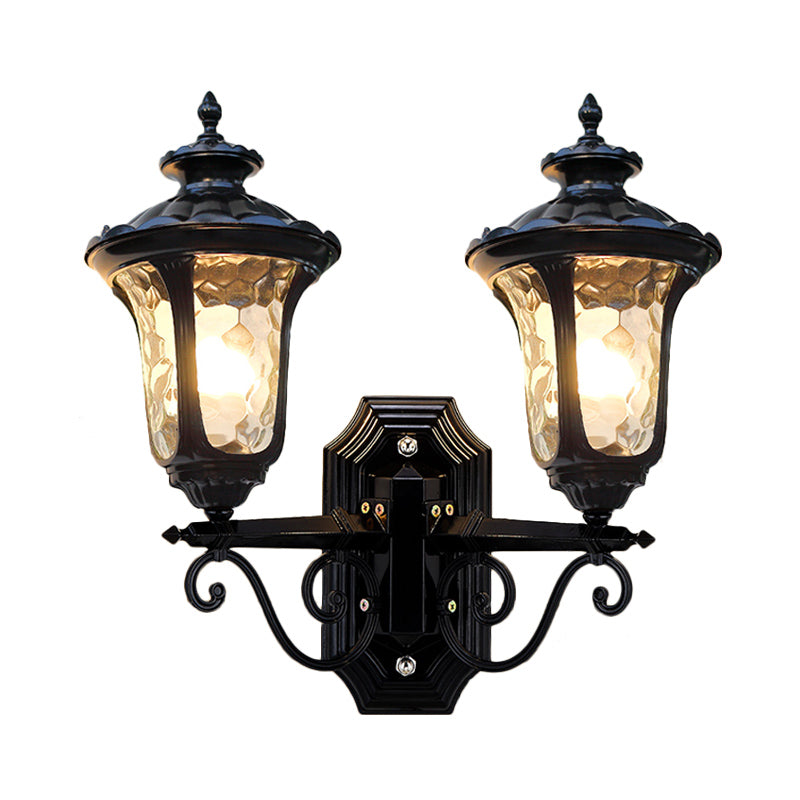 Traditional Urn-Shade Clear Dimple Glass Sconce Lamp - 2 Bulbs Wall Mount Light In Black
