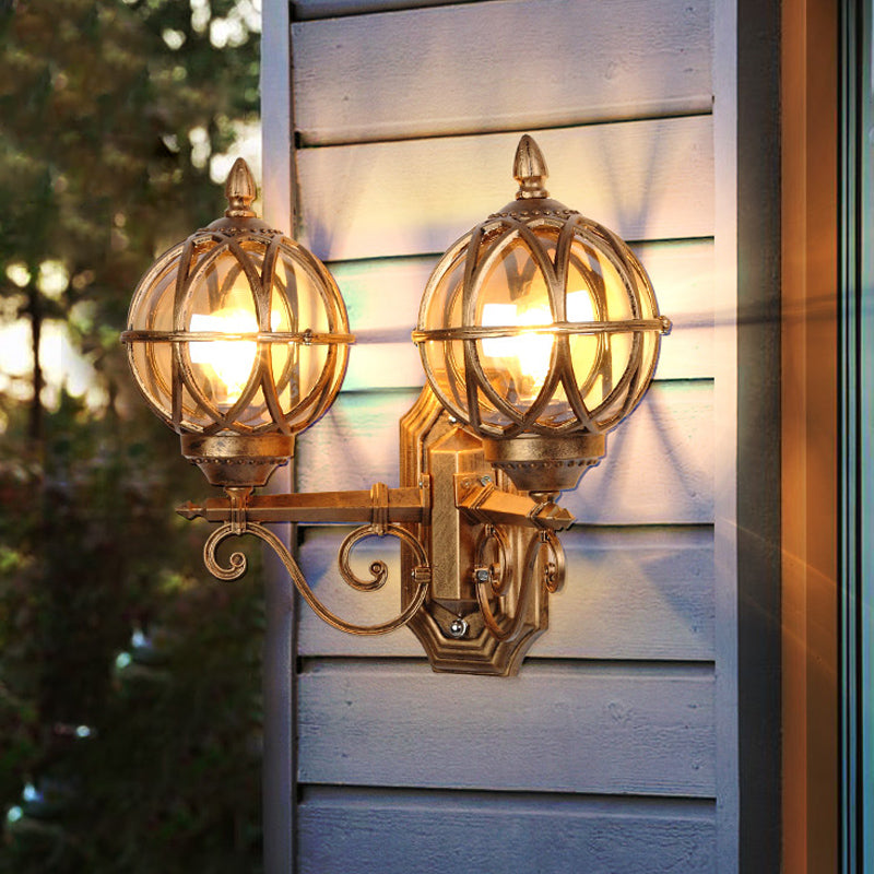 Country Style Black/Bronze Spherical Wall Lighting With Amber Glass - 2-Bulb Patio Surface Sconce