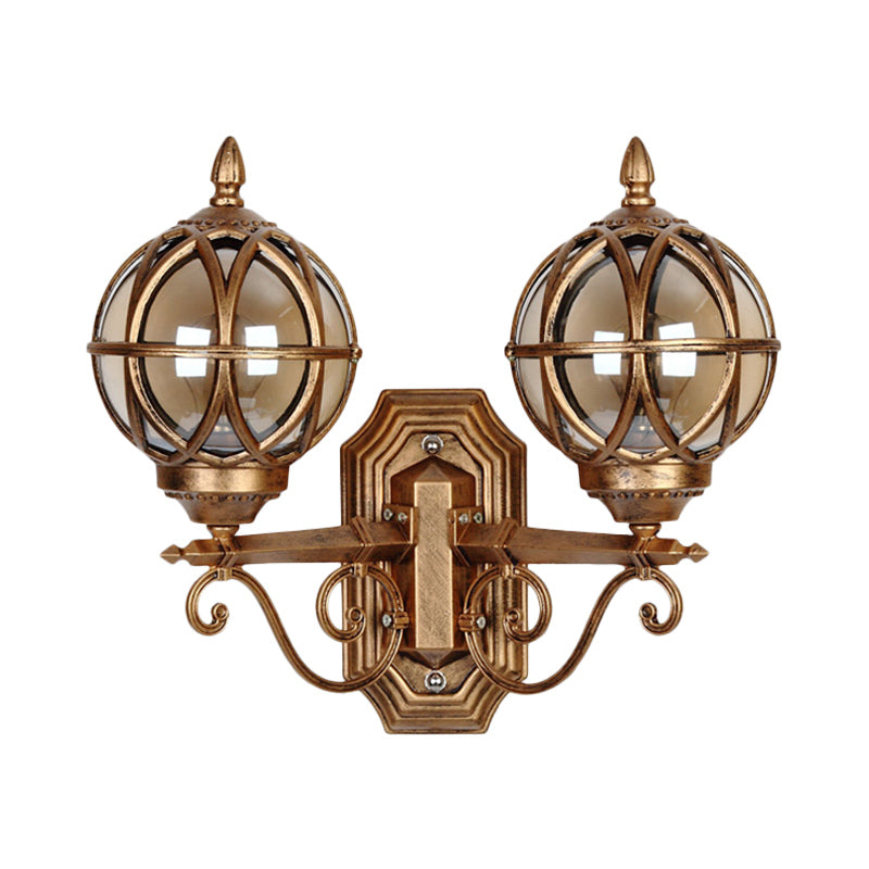 Country Style Black/Bronze Spherical Wall Lighting With Amber Glass - 2-Bulb Patio Surface Sconce