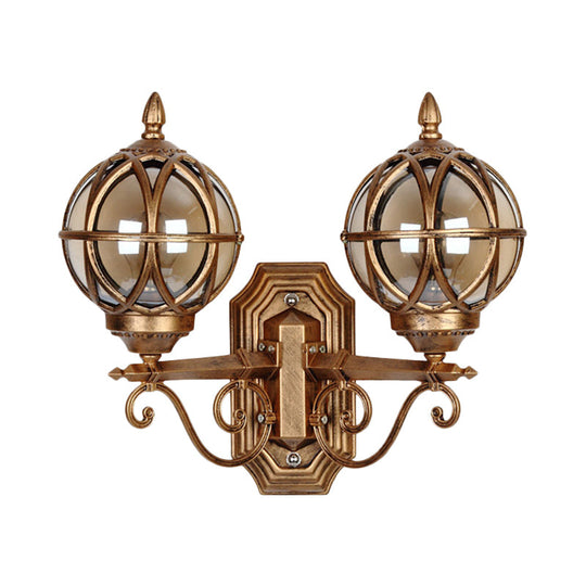 Country Style Black/Bronze Spherical Wall Lighting With Amber Glass - 2-Bulb Patio Surface Sconce