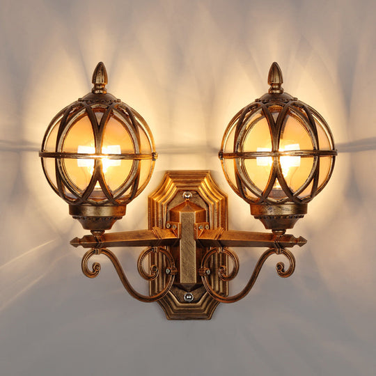Country Style Black/Bronze Spherical Wall Lighting With Amber Glass - 2-Bulb Patio Surface Sconce