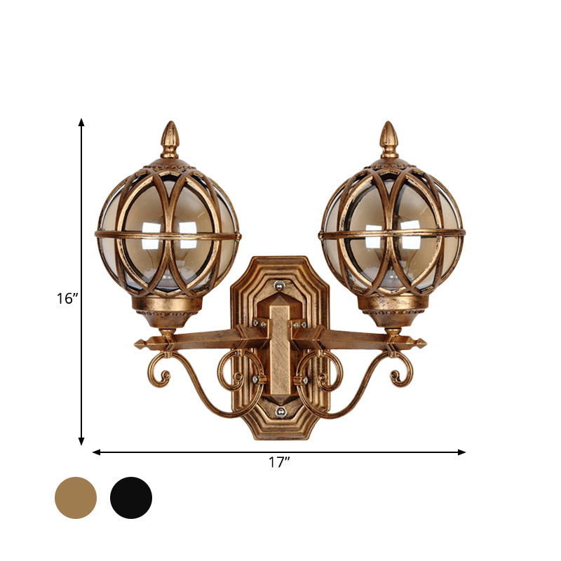 Country Style Black/Bronze Spherical Wall Lighting With Amber Glass - 2-Bulb Patio Surface Sconce