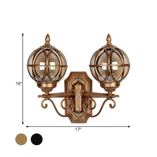 Country Style Black/Bronze Spherical Wall Lighting With Amber Glass - 2-Bulb Patio Surface Sconce