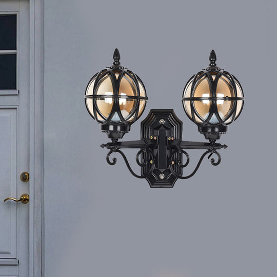 Country Style Black/Bronze Spherical Wall Lighting With Amber Glass - 2-Bulb Patio Surface Sconce