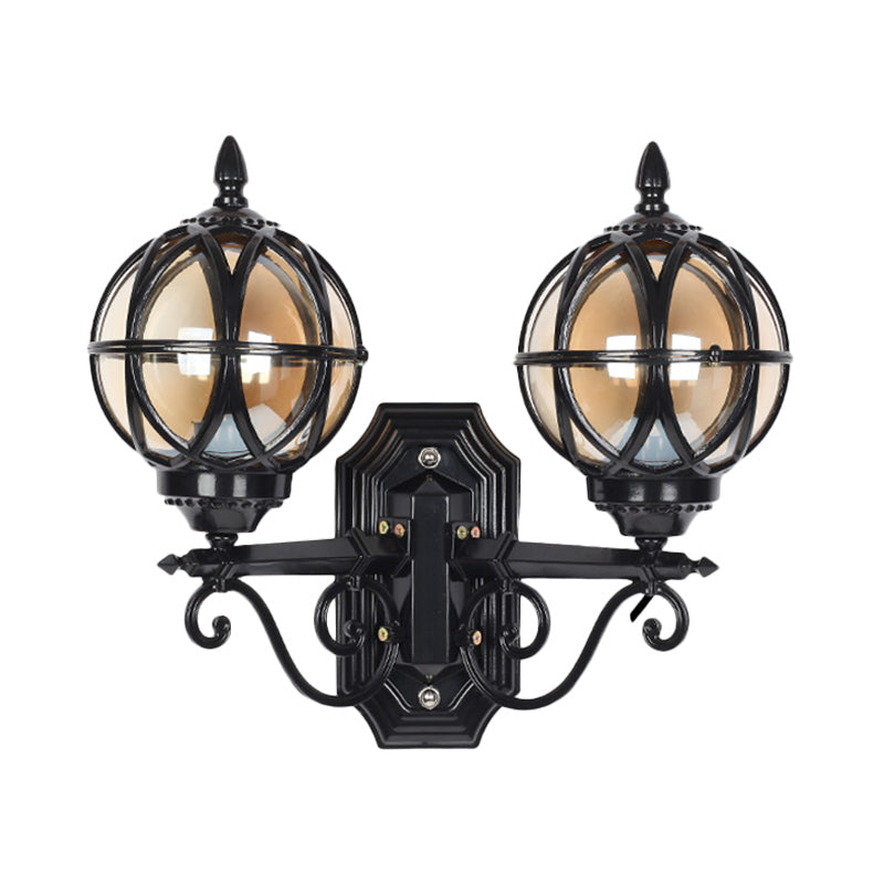 Country Style Black/Bronze Spherical Wall Lighting With Amber Glass - 2-Bulb Patio Surface Sconce