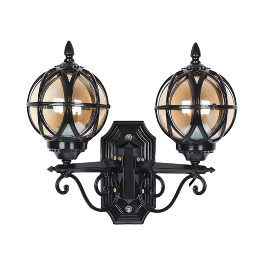 Country Style Black/Bronze Spherical Wall Lighting With Amber Glass - 2-Bulb Patio Surface Sconce