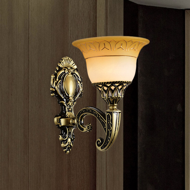 Classic Brass Wall Sconce Light Fixture With Frosted Glass - Flared Design Bedroom Lamp