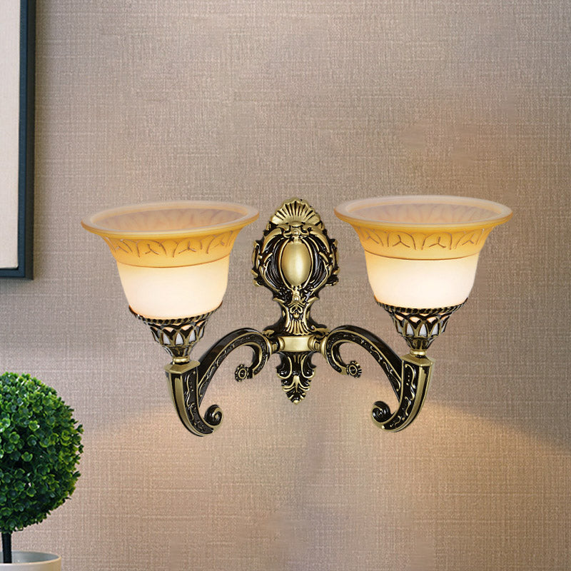 Classic Brass Wall Sconce Light Fixture With Frosted Glass - Flared Design Bedroom Lamp