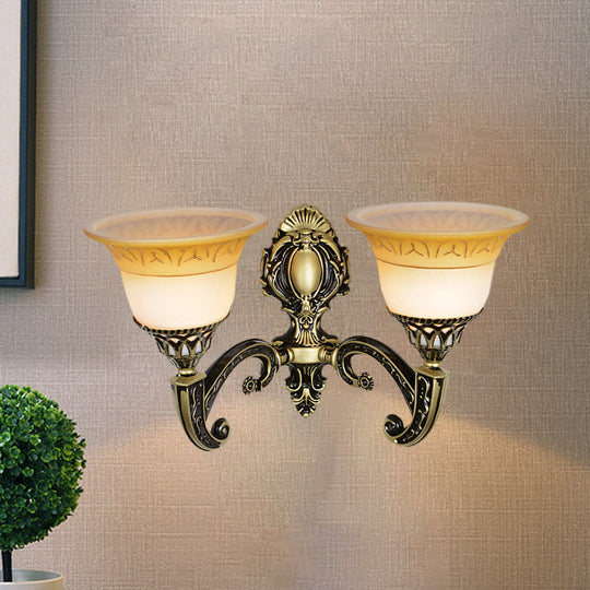Classic Brass Wall Sconce Light Fixture With Frosted Glass - Flared Design Bedroom Lamp