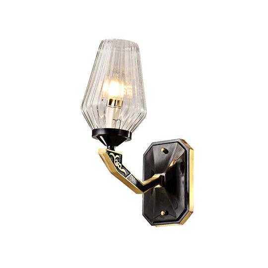 Black Retro Tapered Wall Sconce With Clear Prismatic Glass - Stylish 1-Bulb Light Fixture For Living