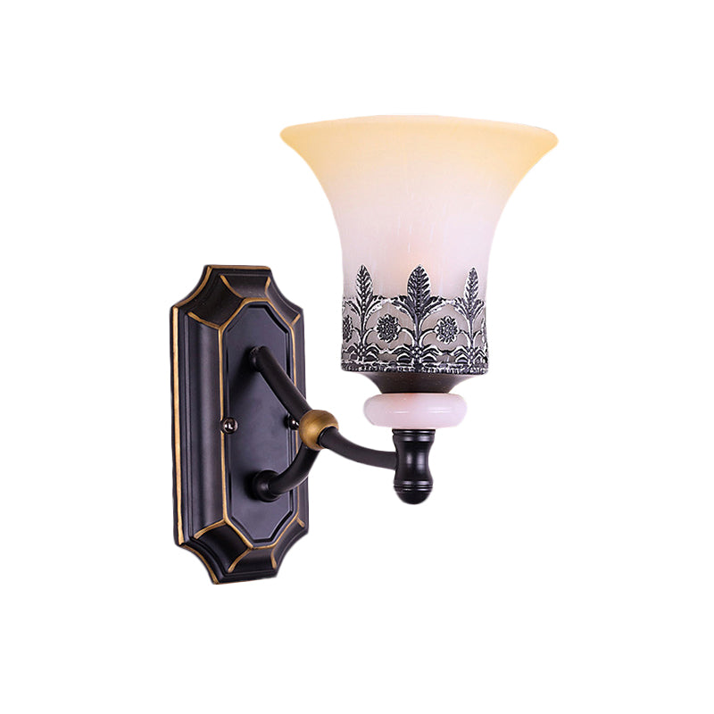 Frosted Glass Flared Up Wall Lamp - Classic 1-Light Black Sconce With Leaf Deco