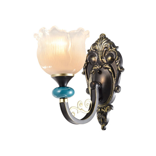 Vintage Floral Wall Sconce With Frosted Glass Shade - Bronze Metal Curvy Arm Bedroom Décor