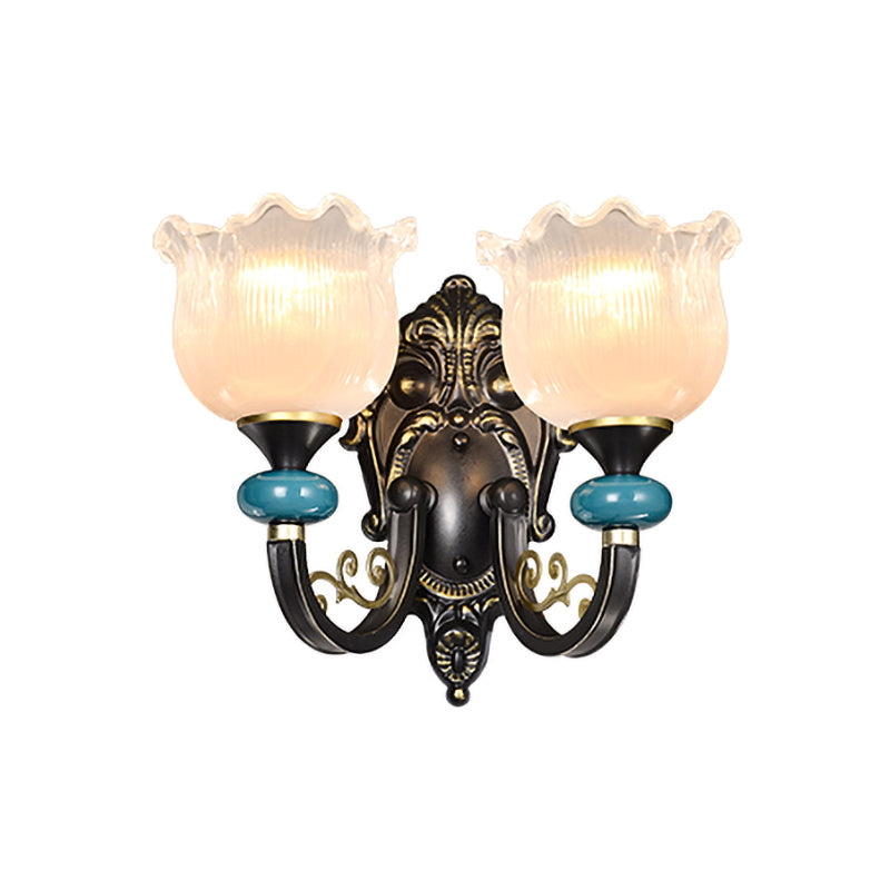Vintage Floral Wall Sconce With Frosted Glass Shade - Bronze Metal Curvy Arm Bedroom Décor