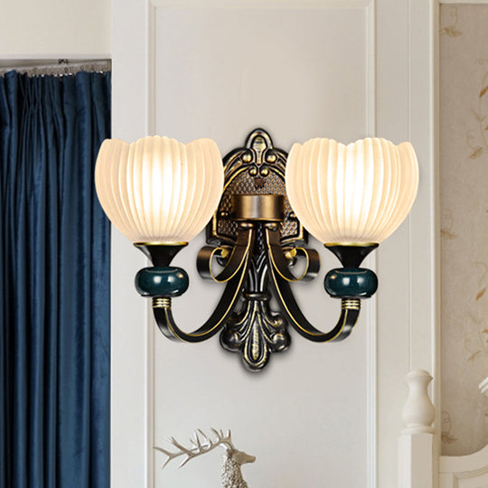 Traditional Ribbed Glass Brass Bud Wall Sconce Lighting Fixture- 1/2-Head Living Room Lamp