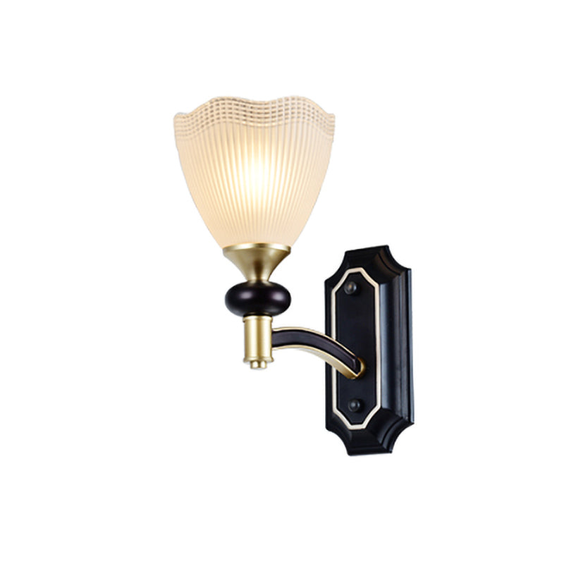 Traditional Flower Wall Light With Prismatic White Glass Sconce Lamp In Black