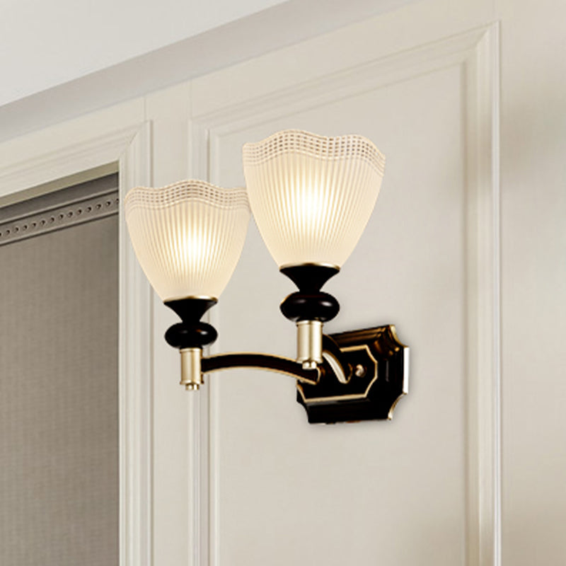 Traditional Flower Wall Light With Prismatic White Glass Sconce Lamp In Black