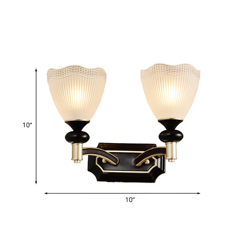 Traditional Flower Wall Light With Prismatic White Glass Sconce Lamp In Black