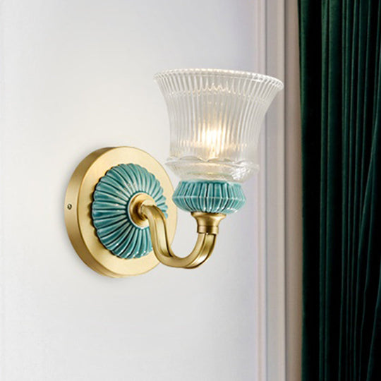 Classic Bell Wall Sconce Light In Gold With Clear Prismatic Glass For Bedroom