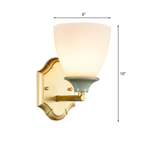Gold Cream Glass Wall Lamp - Traditional Light With Straight Arm And Single Bulb