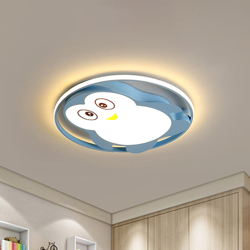 Penguin Led Acrylic Flushmount Ceiling Fixture For Kids’ Bedroom - Pink/Blue Finish