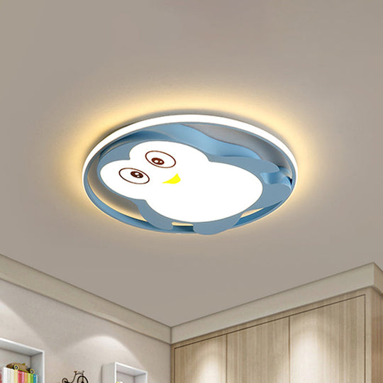 Penguin Led Acrylic Flushmount Ceiling Fixture For Kids Bedroom - Pink/Blue Finish