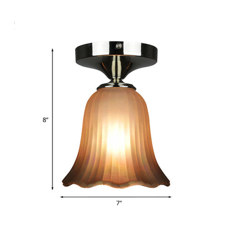 Traditional Tan Glass Flower Flushmount Foyer Lighting Fixture - 1 Bulb Flush Mount