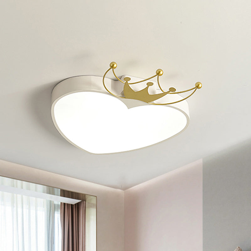Kids Pink/White Apple Ceiling Mount Light With Crown Ornament - Led Acrylic Flush-Mount Fixture