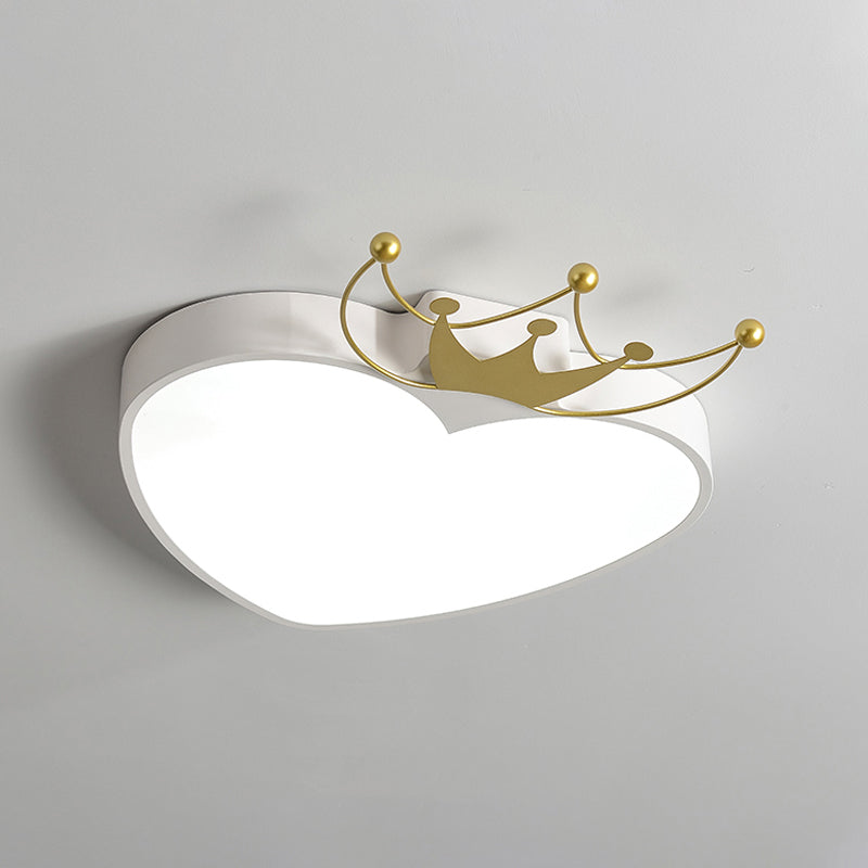 Kids Pink/White Apple Ceiling Mount Light With Crown Ornament - Led Acrylic Flush-Mount Fixture