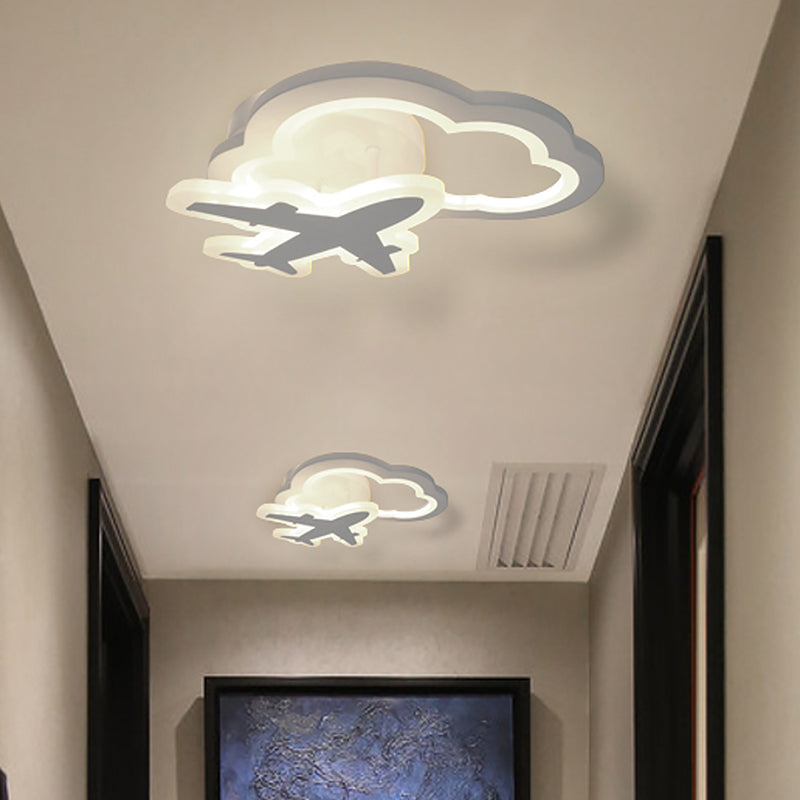 White Nordic Led Semi - Flush Foyer Lamp With Airplane Moon And Cloud Design