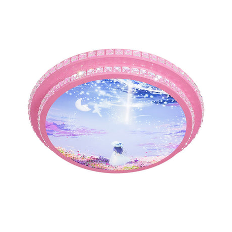 Modern Pink Led Ceiling Flush Light With Crystal Trim - Night Sky Pattern