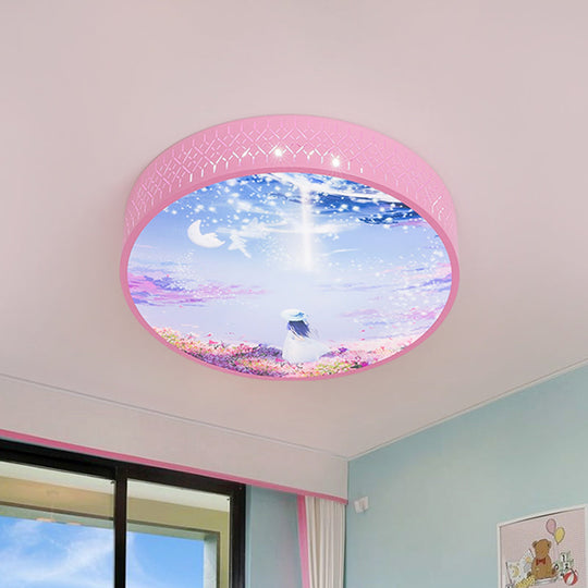 Led Flush-Mount Ceiling Light: Pink Girl Under Starry Sky Design With Acrylic Shade And Laser Cut