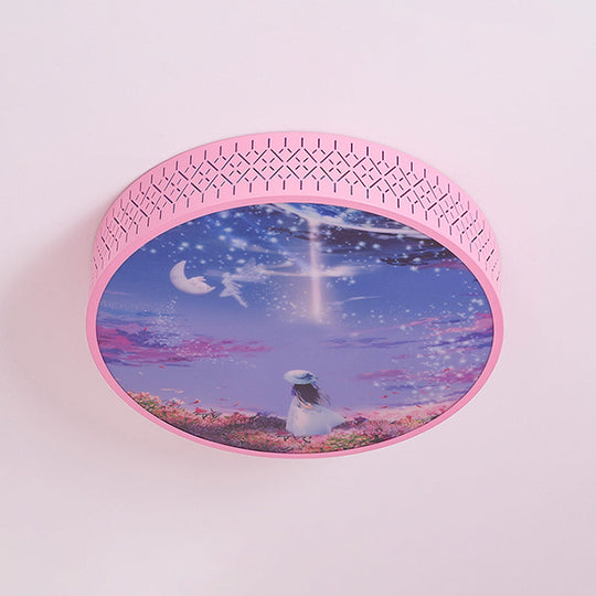 Led Flush - Mount Ceiling Light: Pink Girl Under Starry Sky Design With Acrylic Shade And Laser Cut