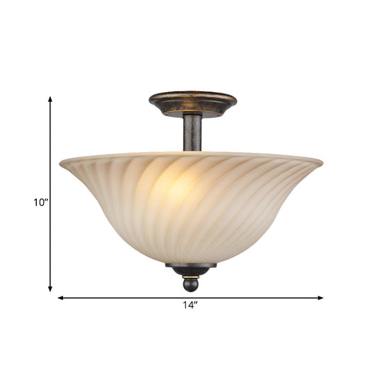 Semi Flush Mount 3 - Head White Glass Light In Countryside Bronze Finish - Ideal For Curved Bedroom
