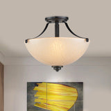 Rustic 2-Head Frosted Glass Ceiling Light For Kitchen - Rural Dome Semi-Flush Mount In Black