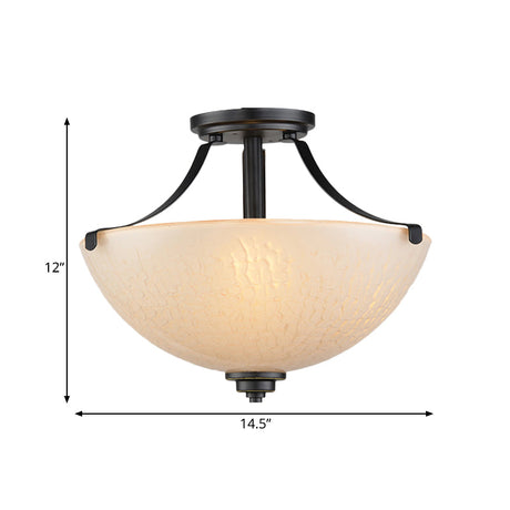 Rustic 2-Head Frosted Glass Ceiling Light For Kitchen - Rural Dome Semi-Flush Mount In Black