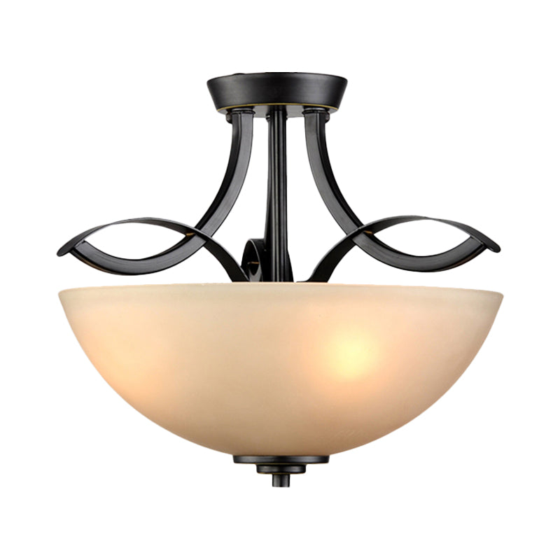 Rustic Frosted Glass Ceiling Light: Black Semi Flush 3 - Bulb Bowl For Bedroom